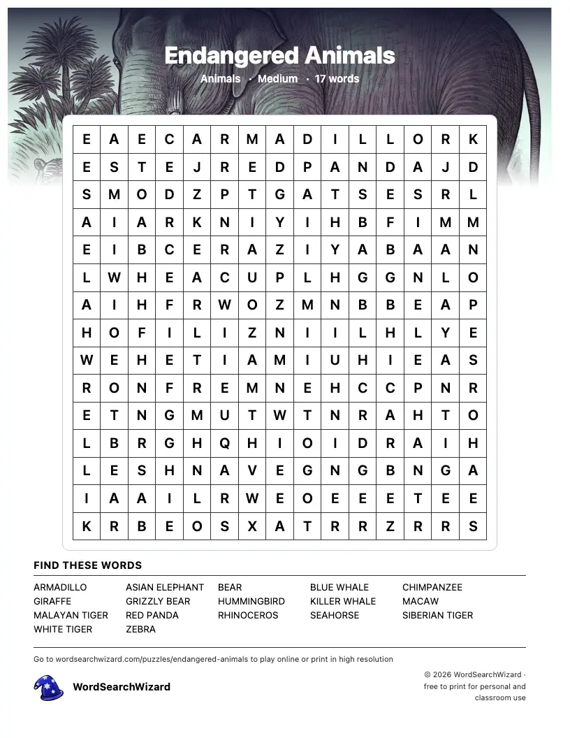 Endangered Animals word search printable sheet, 17 words to find