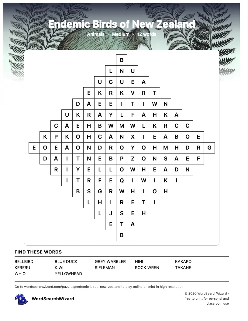 Endemic Birds of New Zealand word search printable sheet, 12 words to find