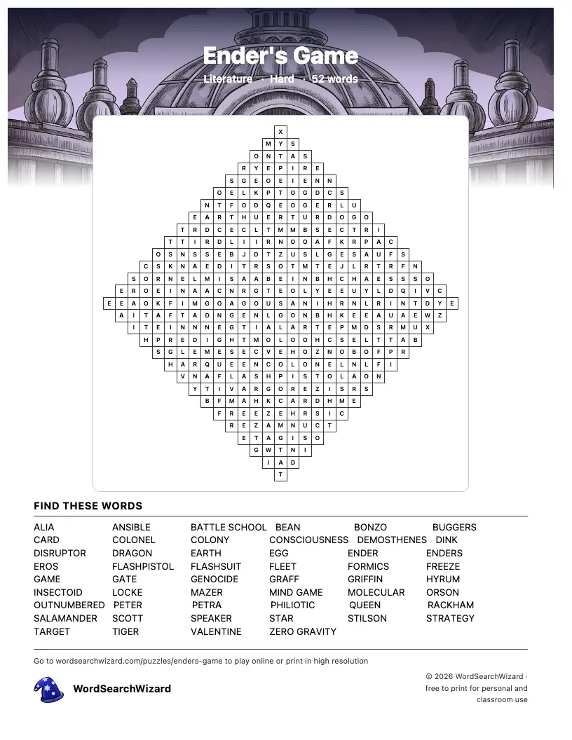 Ender's Game word search printable sheet, 52 words to find