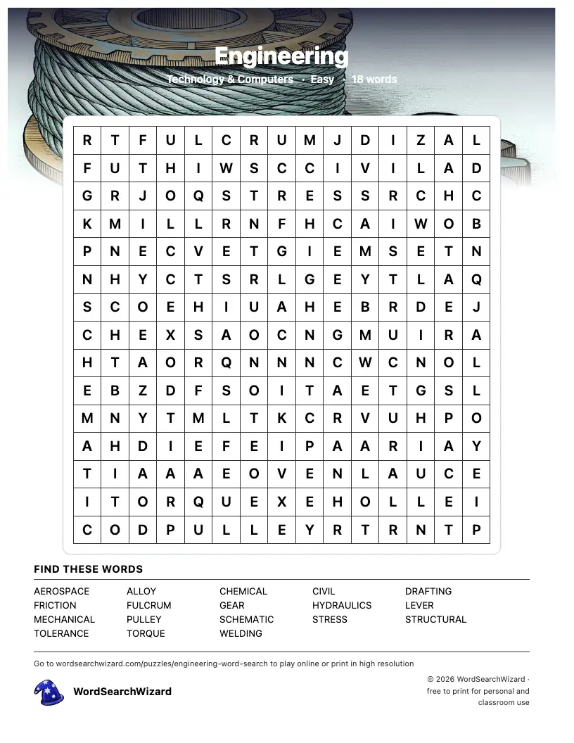 Engineering word search printable sheet, 18 words to find