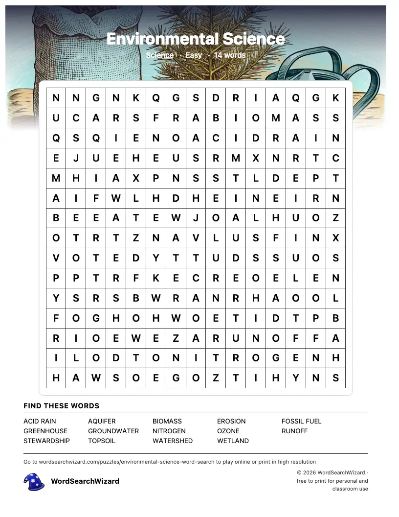 Environmental Science word search printable sheet, 14 words to find