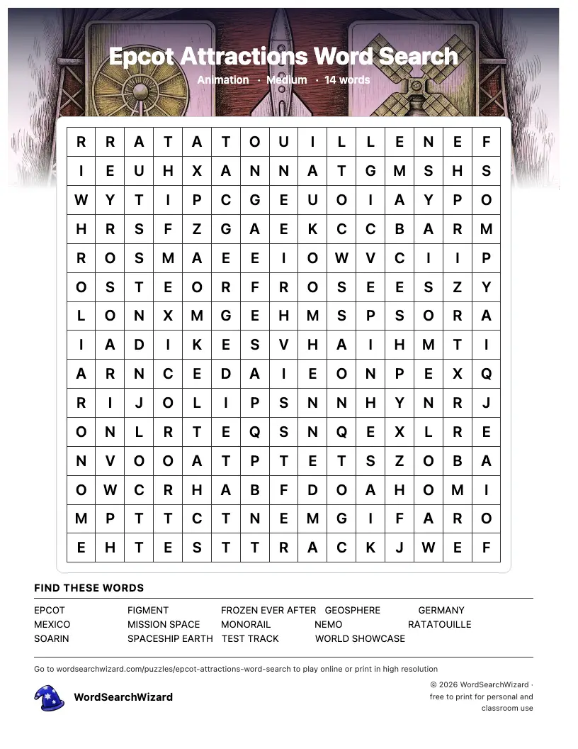 Epcot Attractions word search printable sheet, 14 words to find