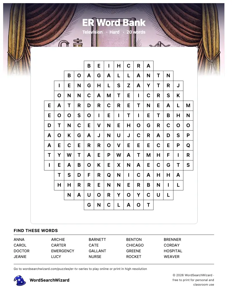 ER Word Bank word search printable sheet, 20 words to find