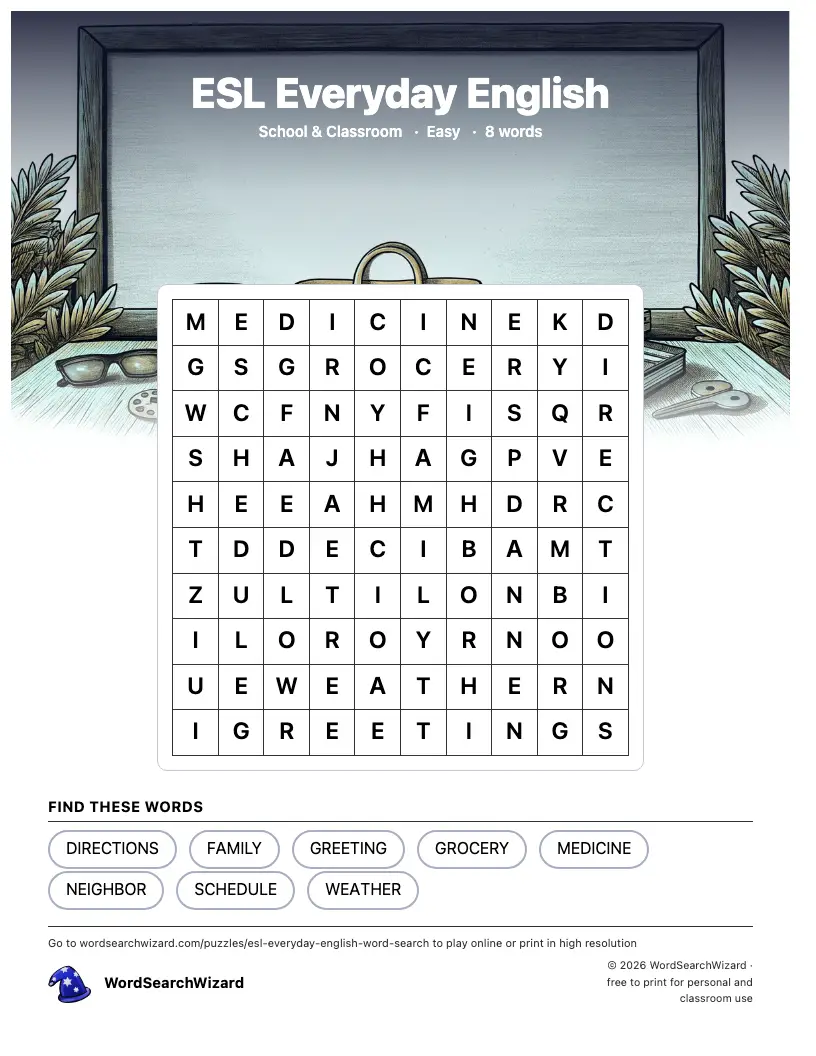 ESL Everyday English word search printable sheet, 8 words to find