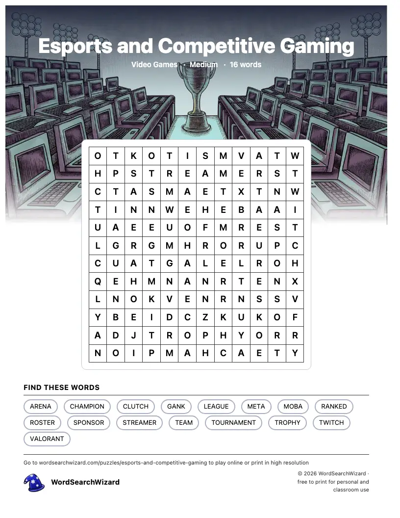 Esports and Competitive Gaming word search printable sheet, 16 words to find