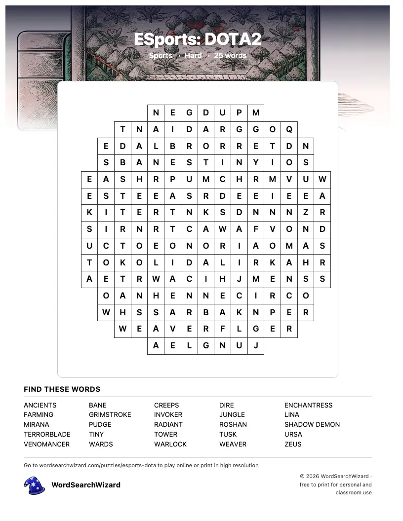 ESports: DOTA2 word search printable sheet, 25 words to find