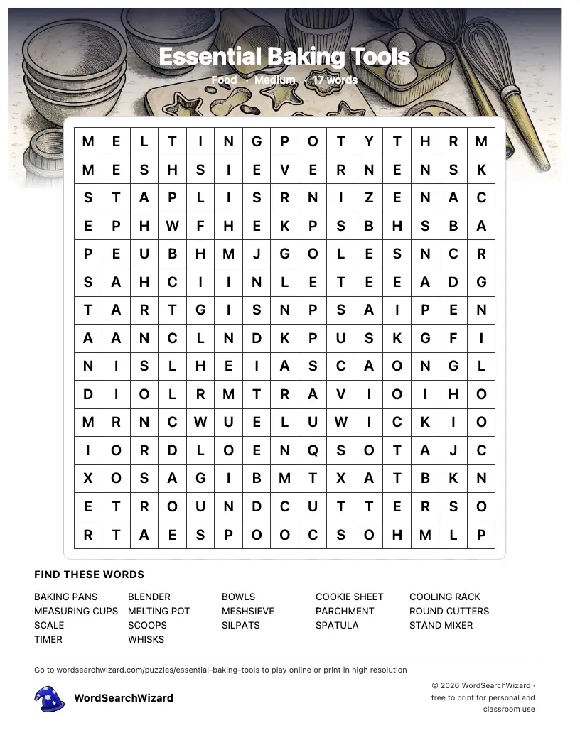 Essential Baking Tools word search printable sheet, 17 words to find