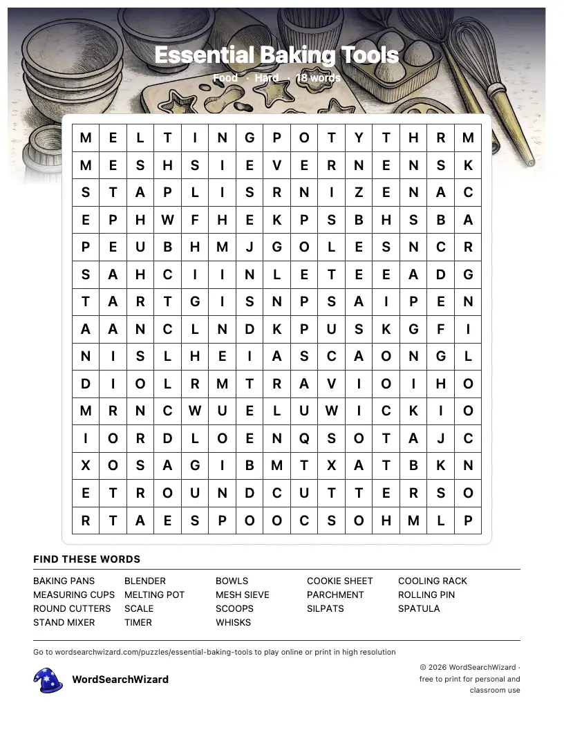 Essential Baking Tools word search printable sheet, 18 words to find