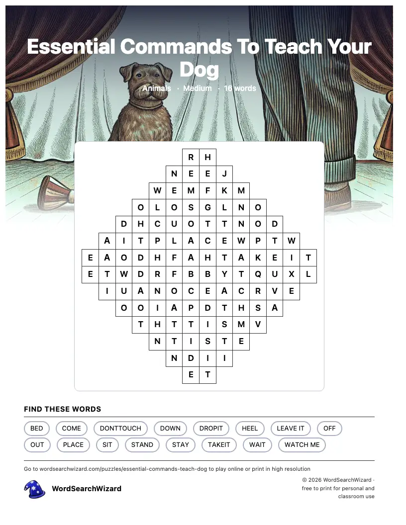 Essential Commands To Teach Your Dog word search printable sheet, 16 words to find