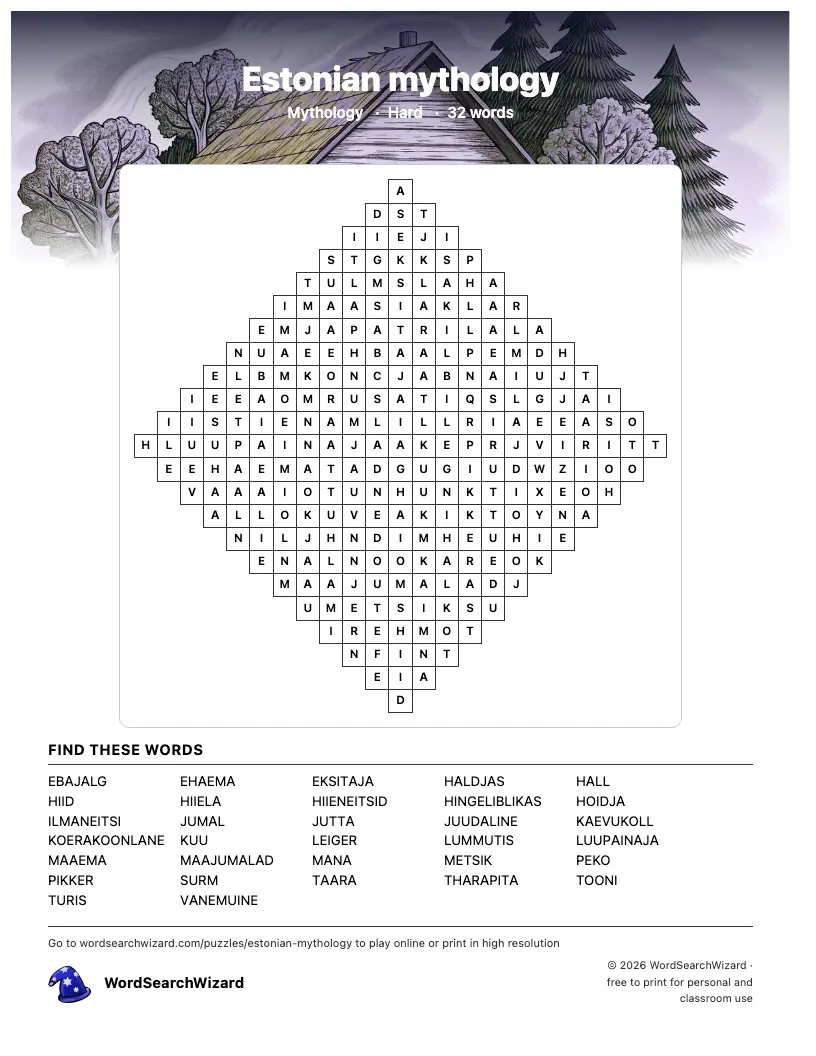 Estonian mythology word search printable sheet, 32 words to find