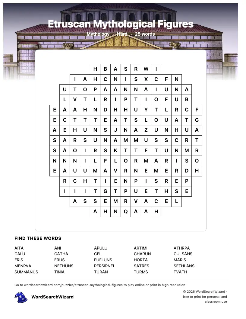 Etruscan Mythological Figures word search printable sheet, 25 words to find