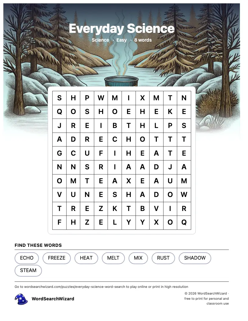 Everyday Science word search printable sheet, 8 words to find