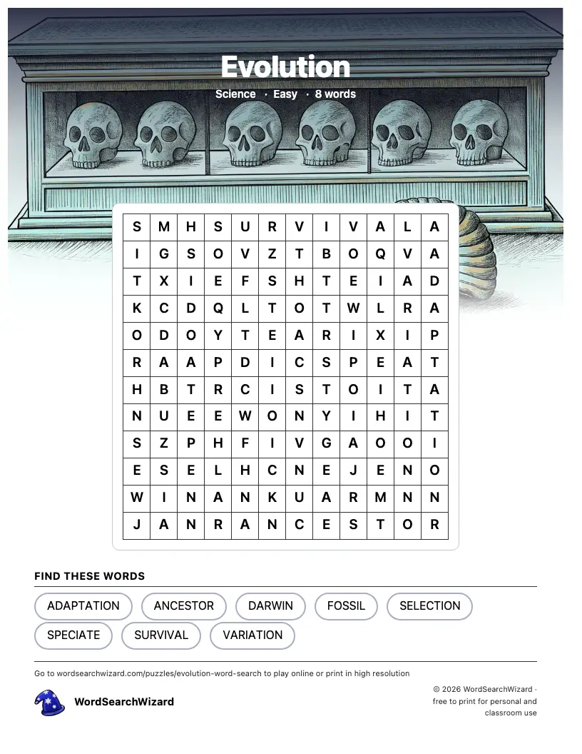 Evolution word search printable sheet, 8 words to find