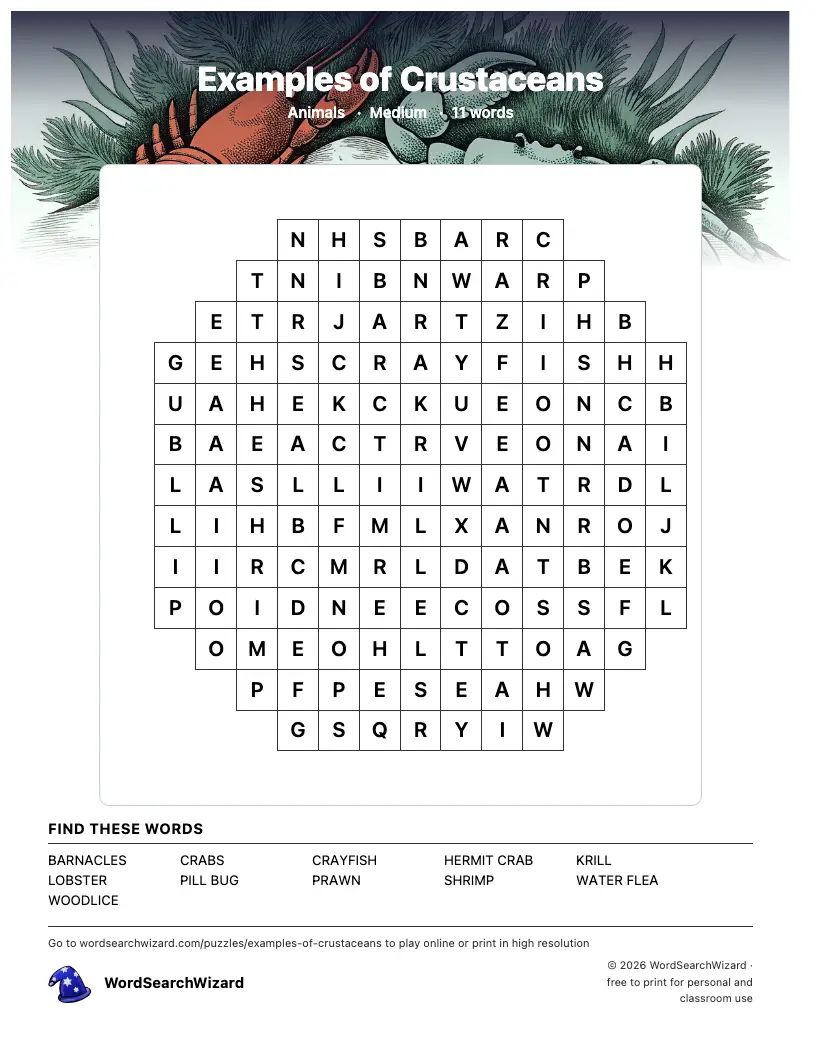 Examples of Crustaceans word search printable sheet, 11 words to find