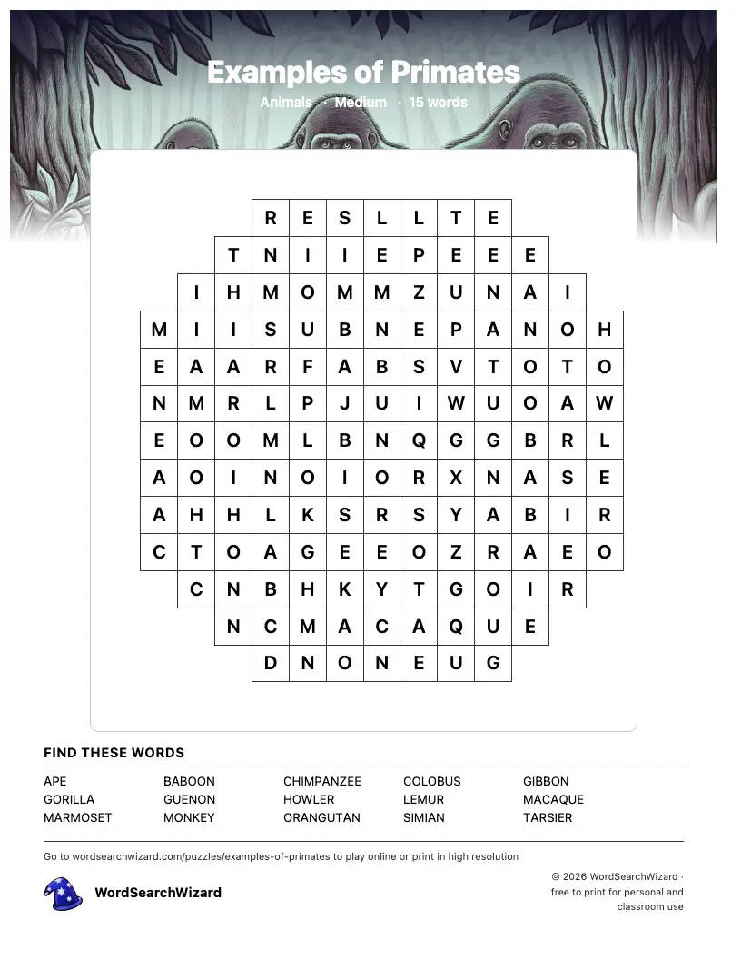 Examples of Primates word search printable sheet, 15 words to find