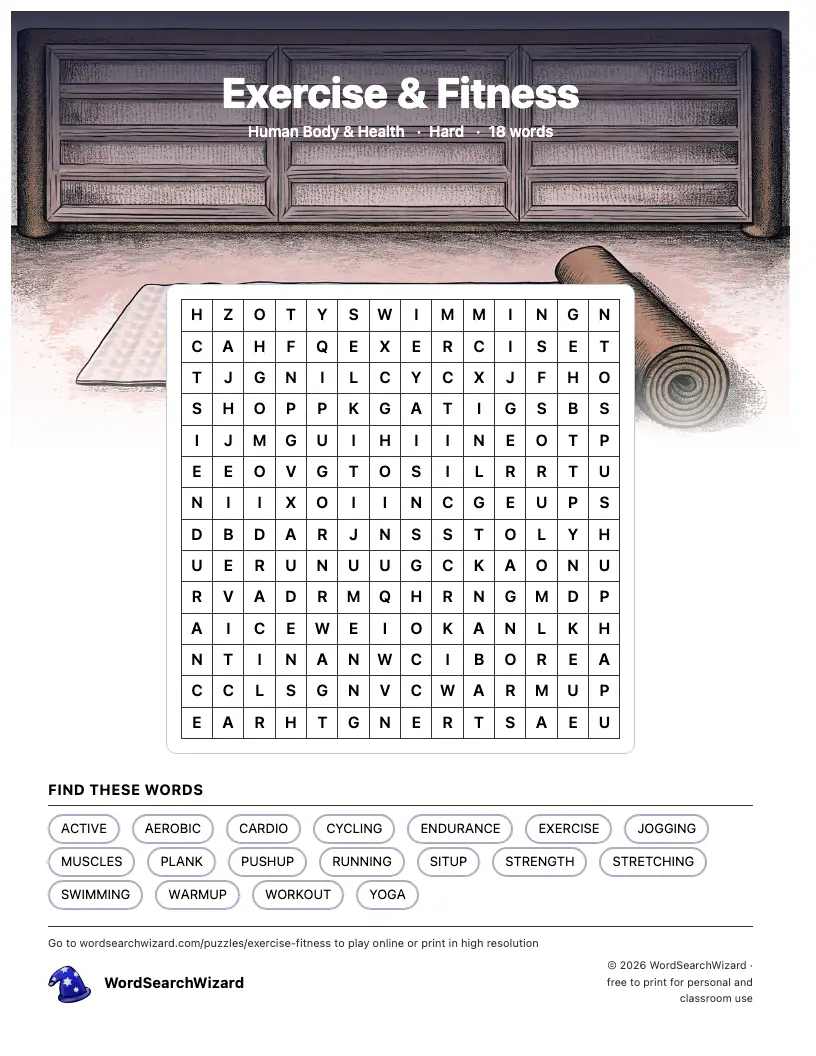 Exercise & Fitness word search printable sheet, 18 words to find