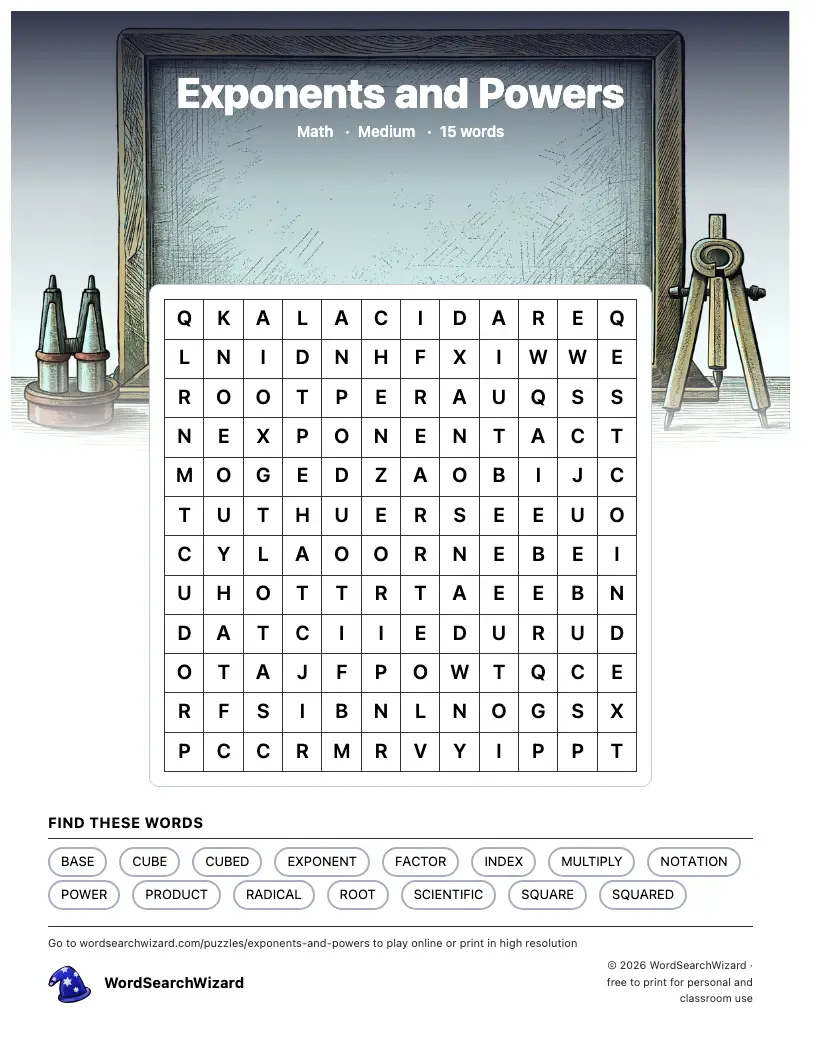 Exponents and Powers word search printable sheet, 15 words to find