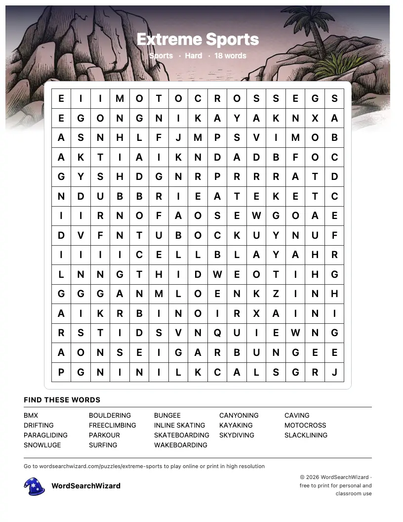 Extreme Sports word search printable sheet, 18 words to find