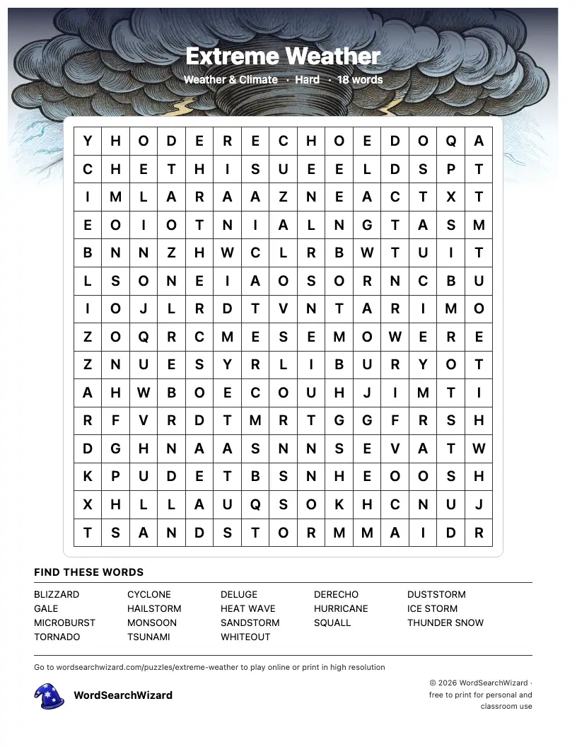 Extreme Weather word search printable sheet, 18 words to find
