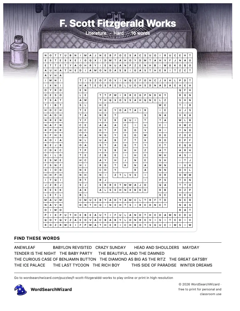 F. Scott Fitzgerald Works word search printable sheet, 16 words to find