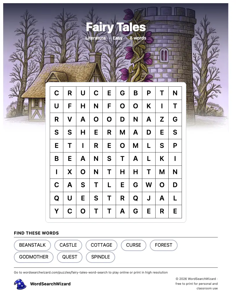 Fairy Tales word search printable sheet, 8 words to find