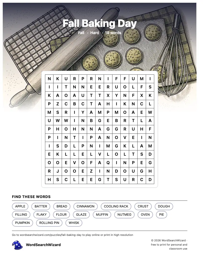Fall Baking Day word search printable sheet, 18 words to find