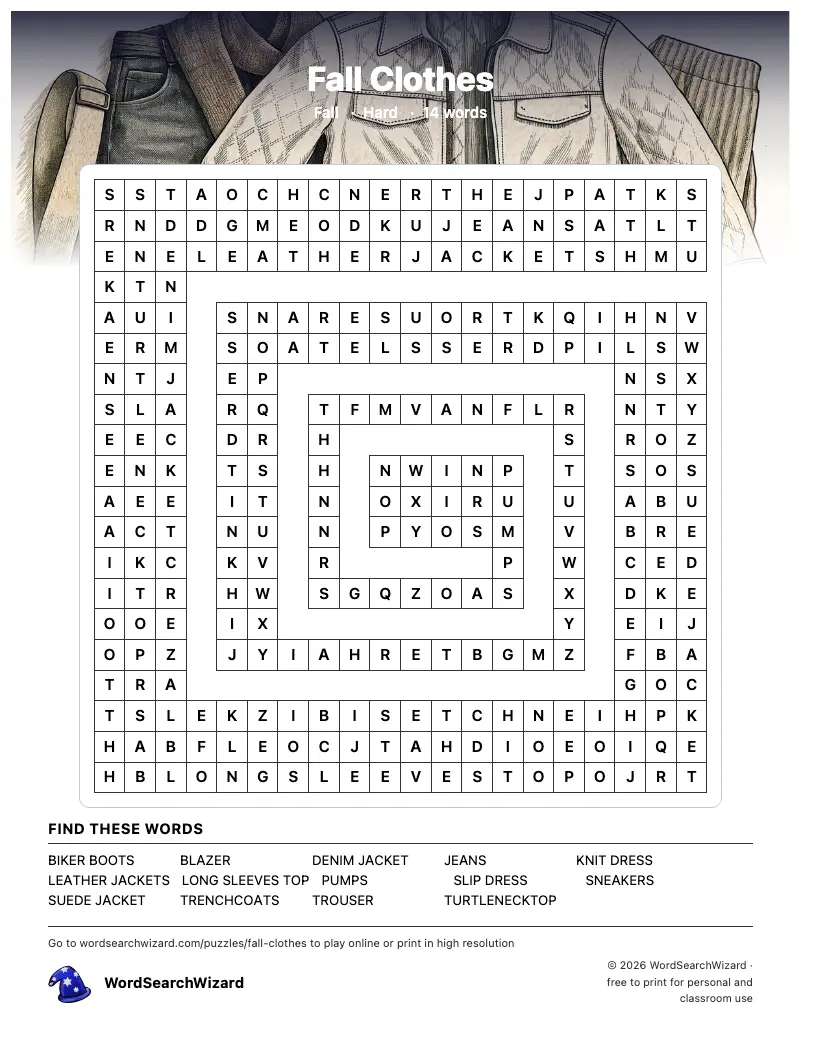 Fall Clothes word search printable sheet, 14 words to find