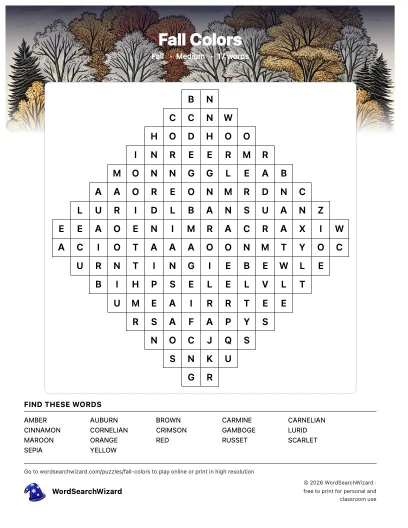 Fall Colors word search printable sheet, 17 words to find