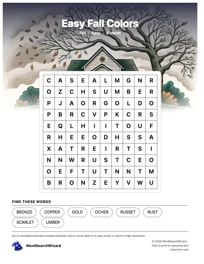 Easy Fall Colors word search printable sheet, 8 words to find
