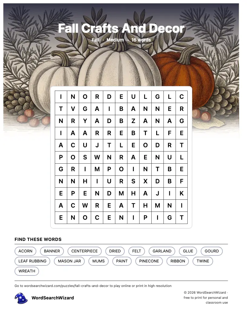 Fall Crafts And Decor word search printable sheet, 16 words to find