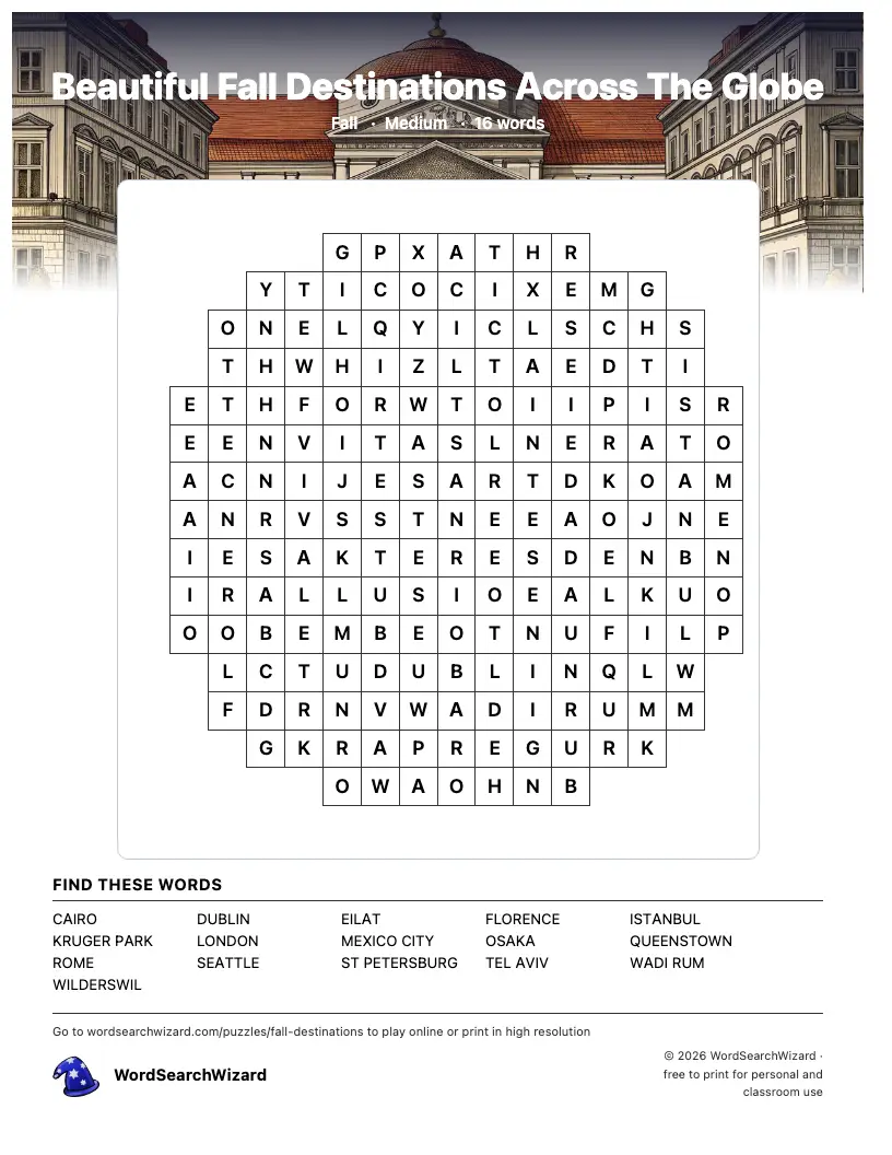 Beautiful Fall Destinations Across The Globe word search printable sheet, 16 words to find