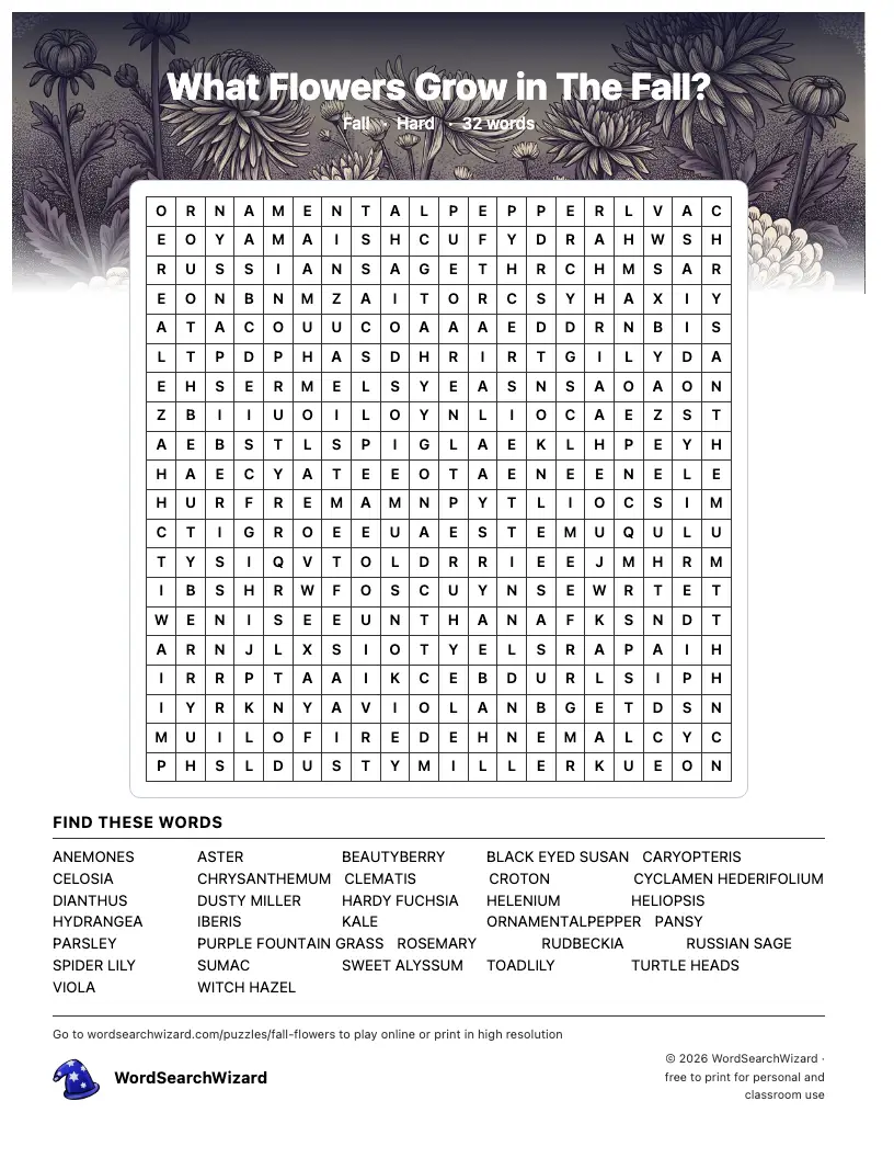 What Flowers Grow in The Fall? word search printable sheet, 32 words to find