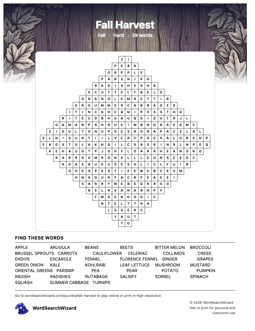 Fall Harvest word search printable sheet, 39 words to find
