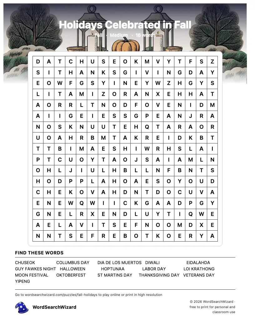 Holidays Celebrated in Fall word search printable sheet, 16 words to find