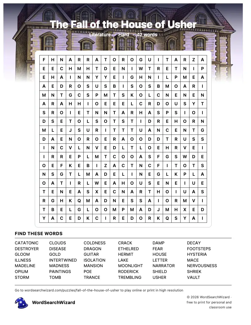 The Fall of the House of Usher word search printable sheet, 42 words to find