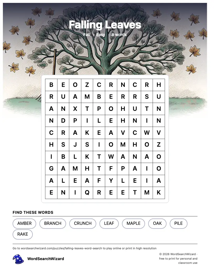 Falling Leaves word search printable sheet, 8 words to find