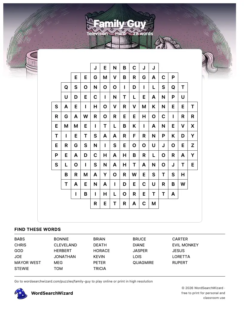 Family Guy word search printable sheet, 28 words to find