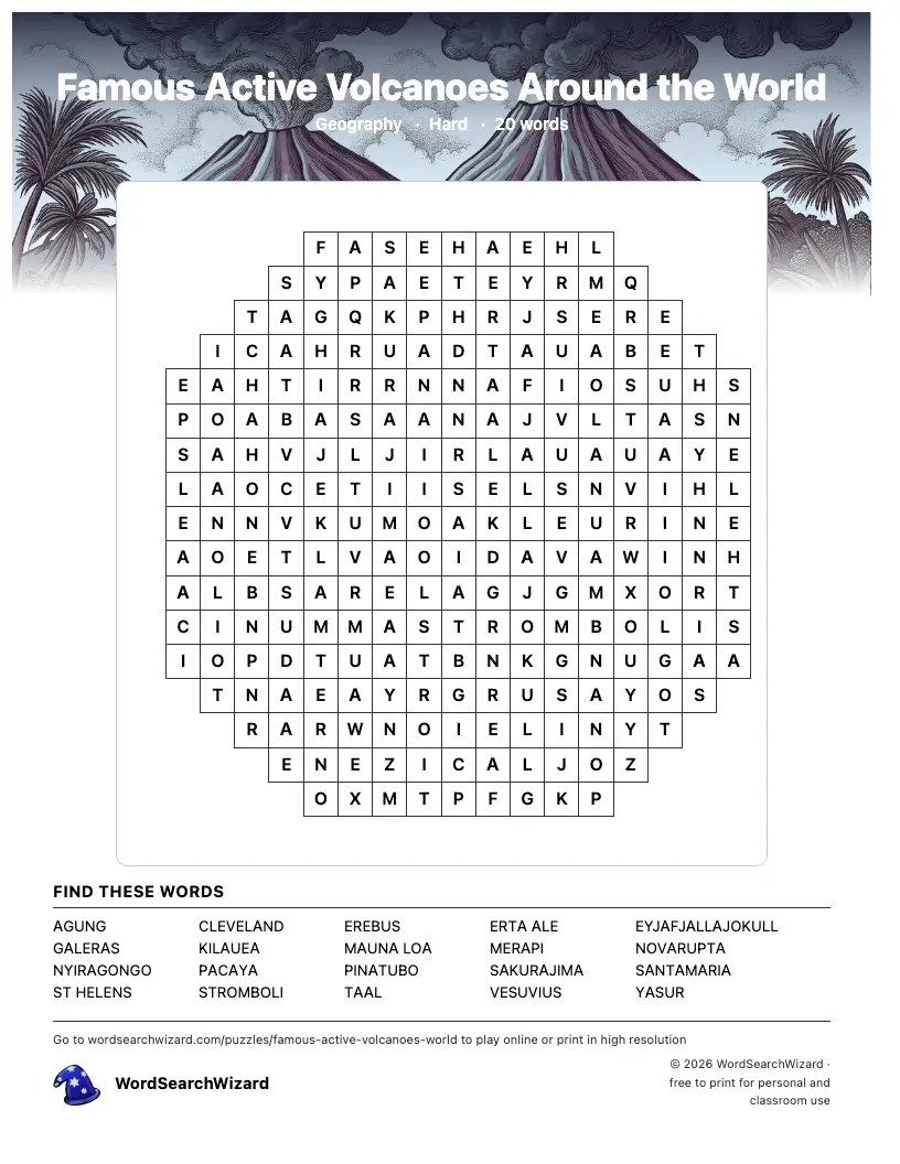 Famous Active Volcanoes Around the World word search printable sheet, 20 words to find