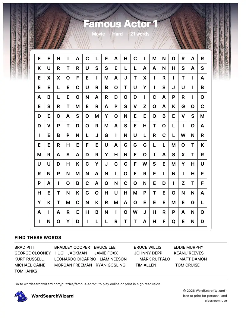 Famous Actor 1 word search printable sheet, 21 words to find