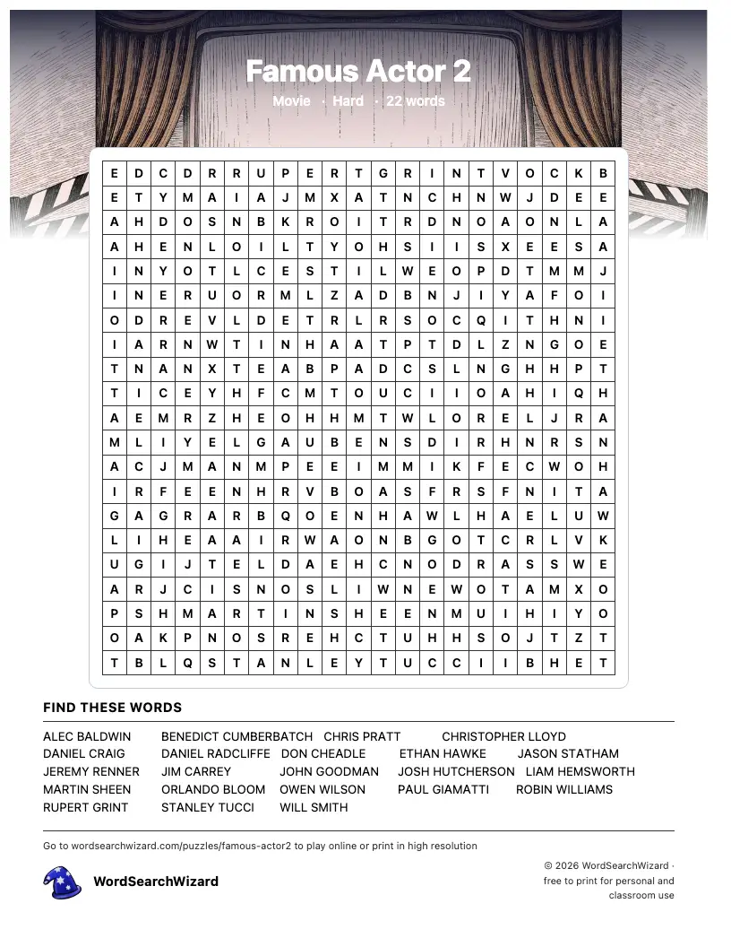Famous Actor 2 word search printable sheet, 22 words to find