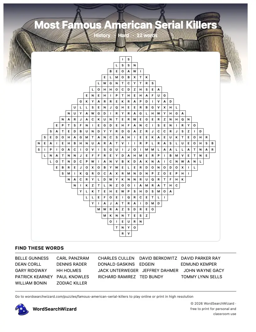 Most Famous American Serial Killers word search printable sheet, 22 words to find