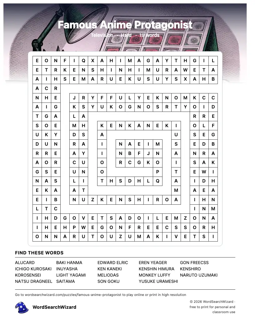 Famous Anime Protagonist word search printable sheet, 19 words to find
