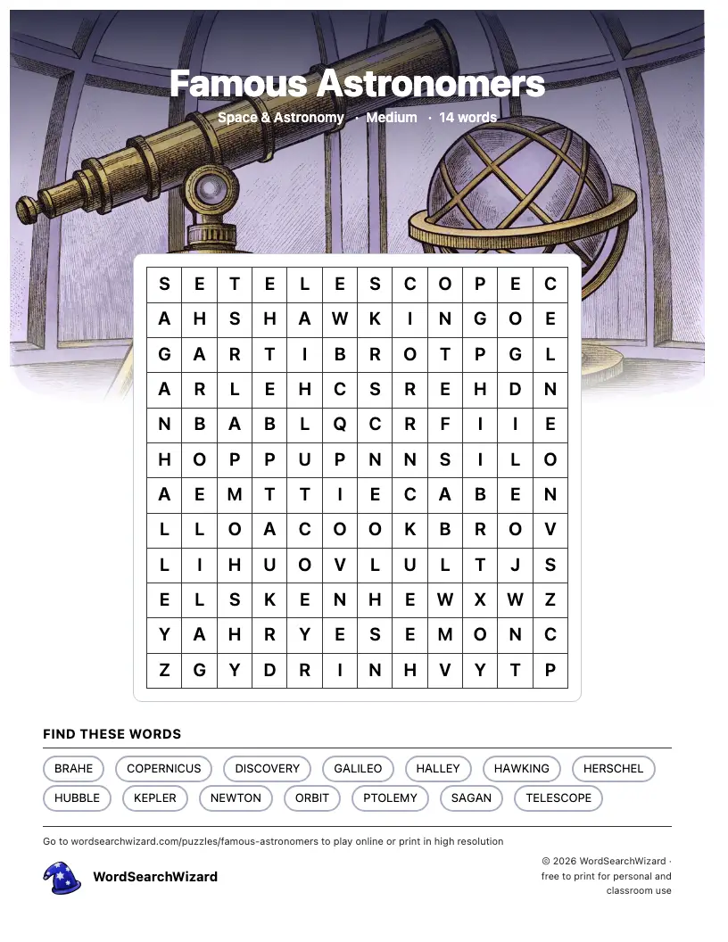 Famous Astronomers word search printable sheet, 14 words to find