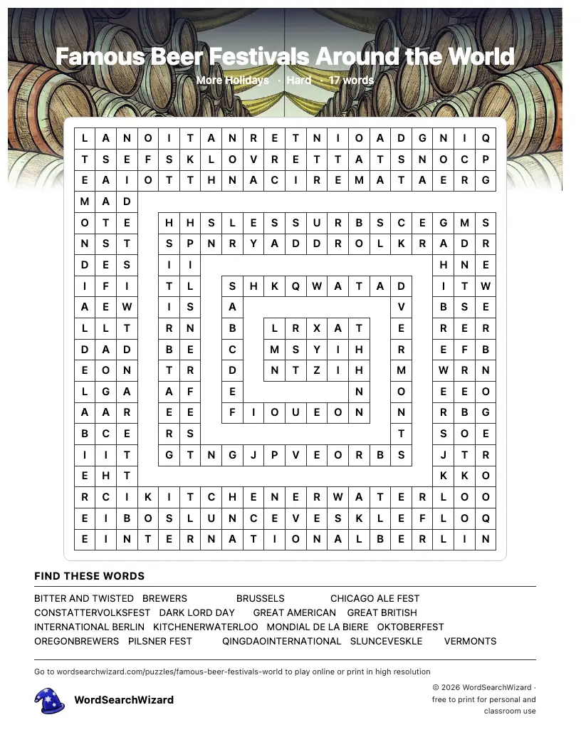Famous Beer Festivals Around the World word search printable sheet, 17 words to find
