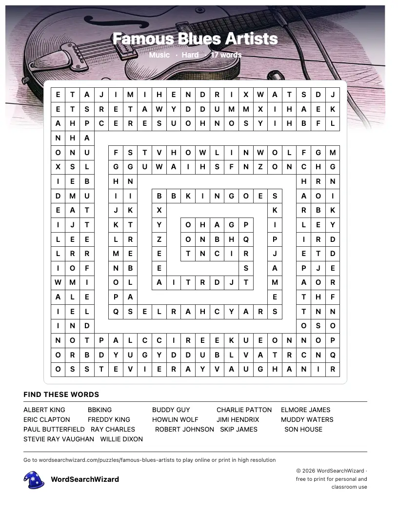 Famous Blues Artists word search printable sheet, 17 words to find