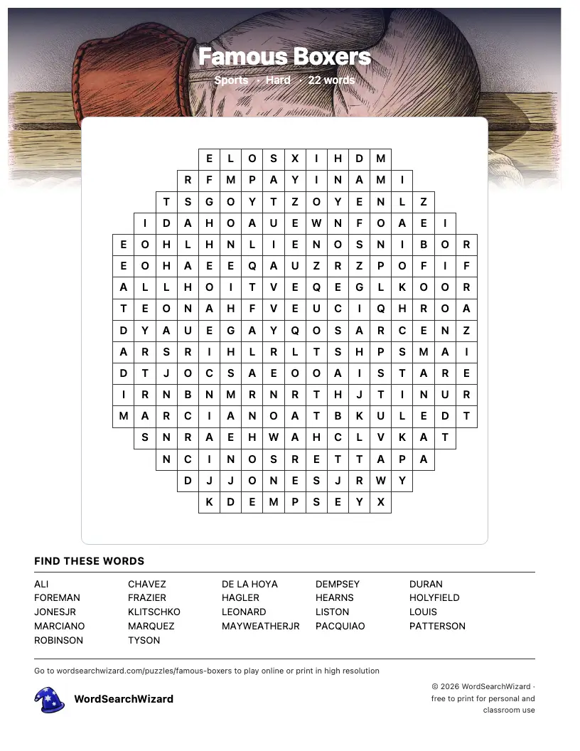 Famous Boxers word search printable sheet, 22 words to find