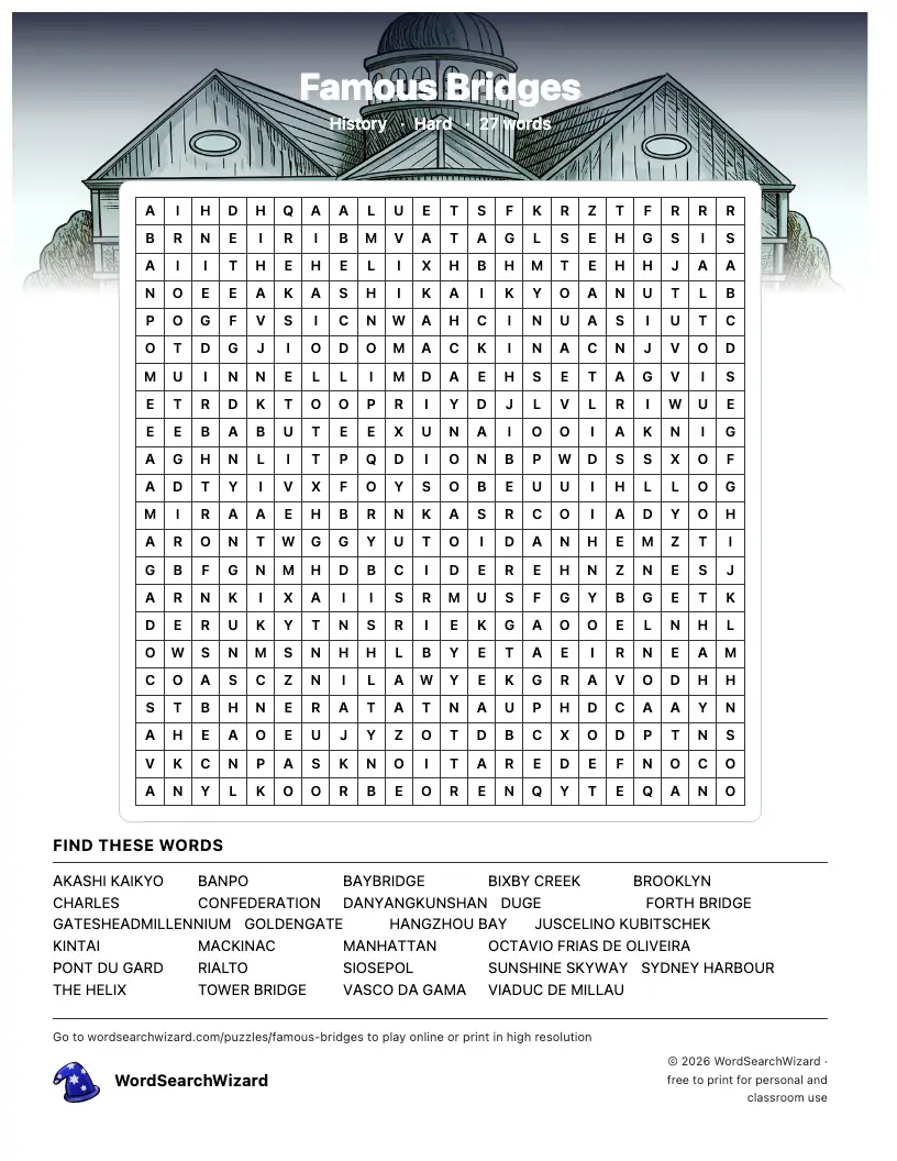 Famous Bridges word search printable sheet, 27 words to find
