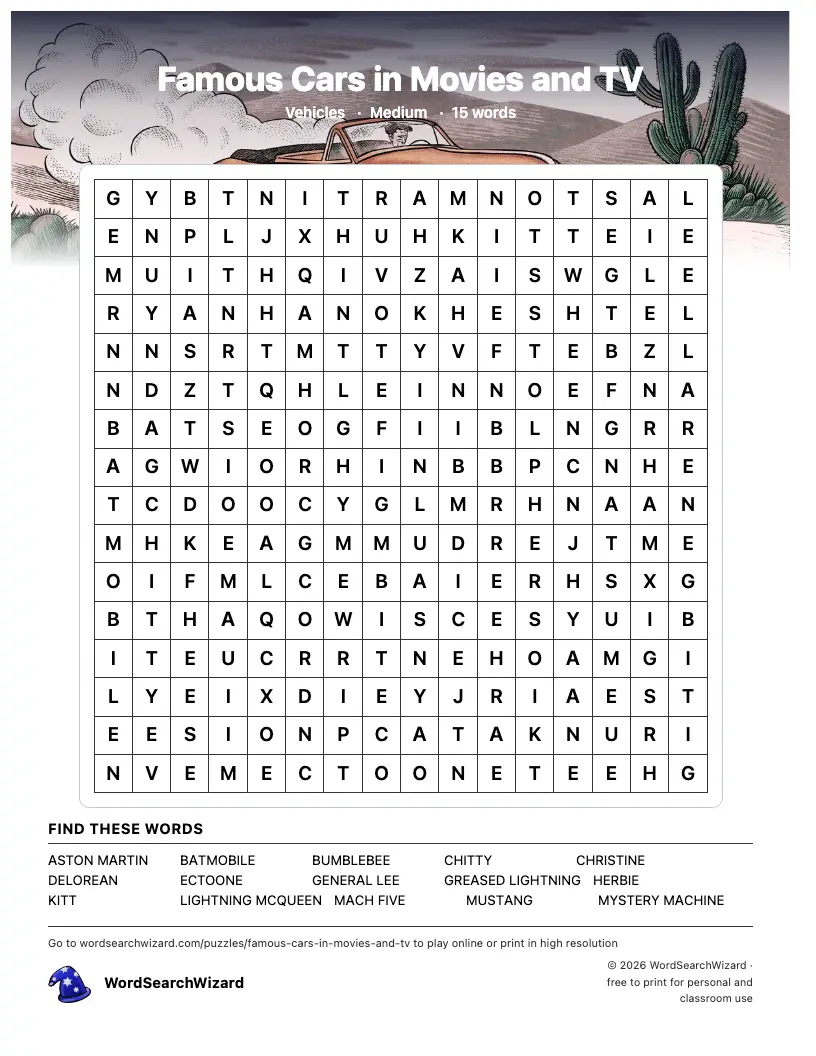Famous Cars in Movies and TV word search printable sheet, 15 words to find