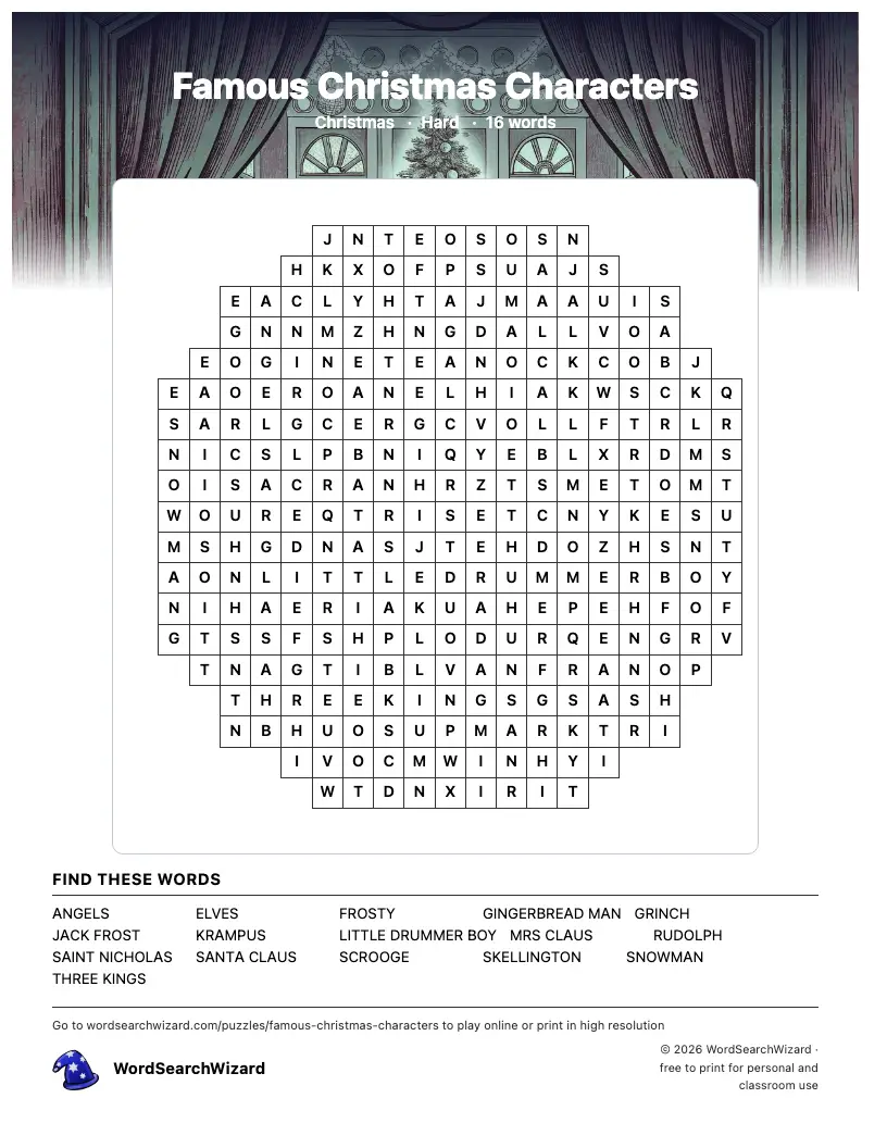 Famous Christmas Characters word search printable sheet, 16 words to find