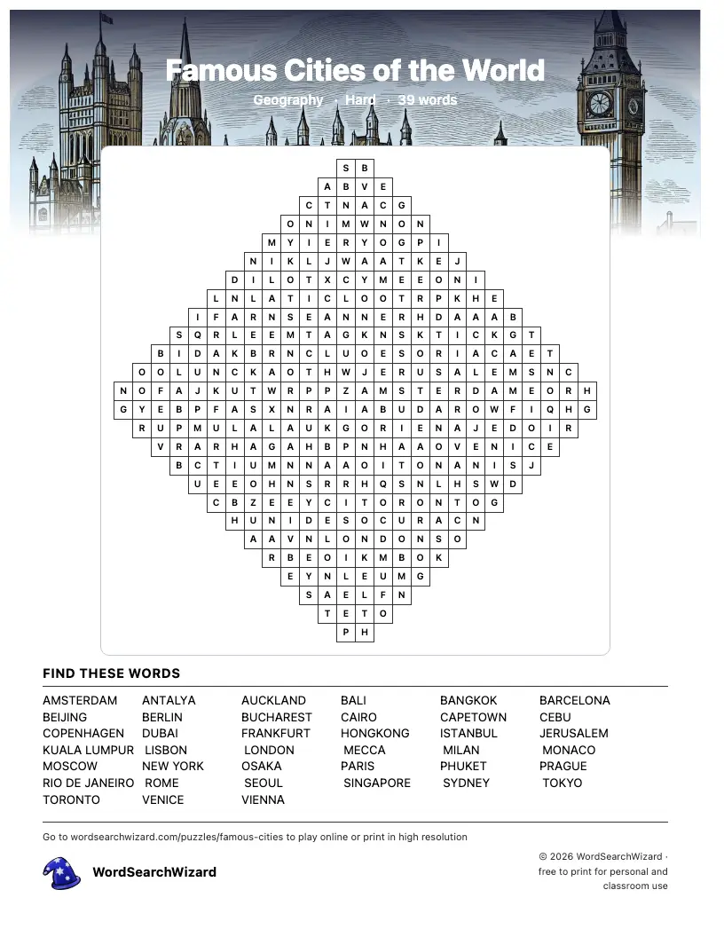 Famous Cities of the World word search printable sheet, 39 words to find
